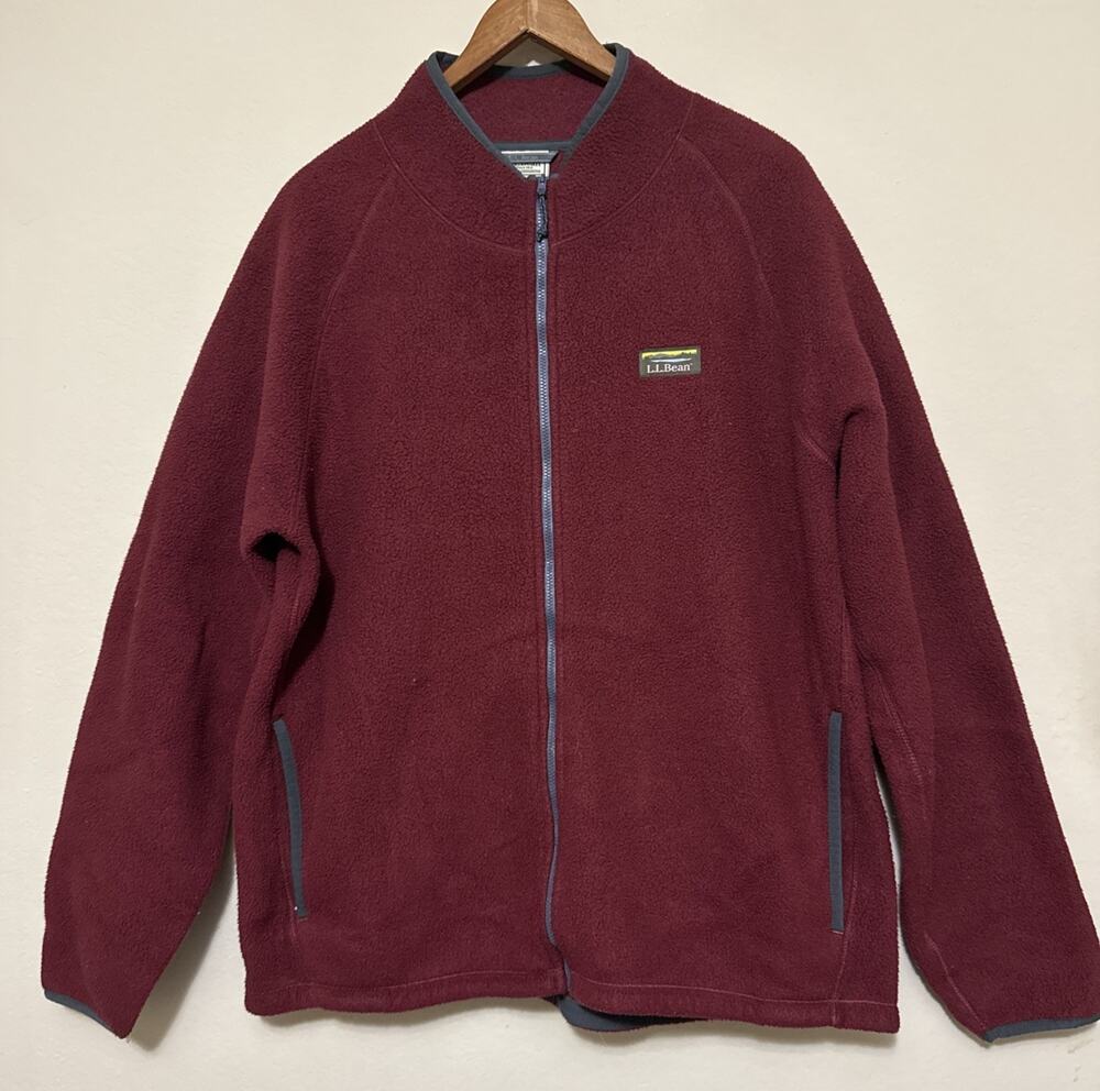 LL Bean Jacket Mens Fleece Full Zip Sweater Red Pockets L
